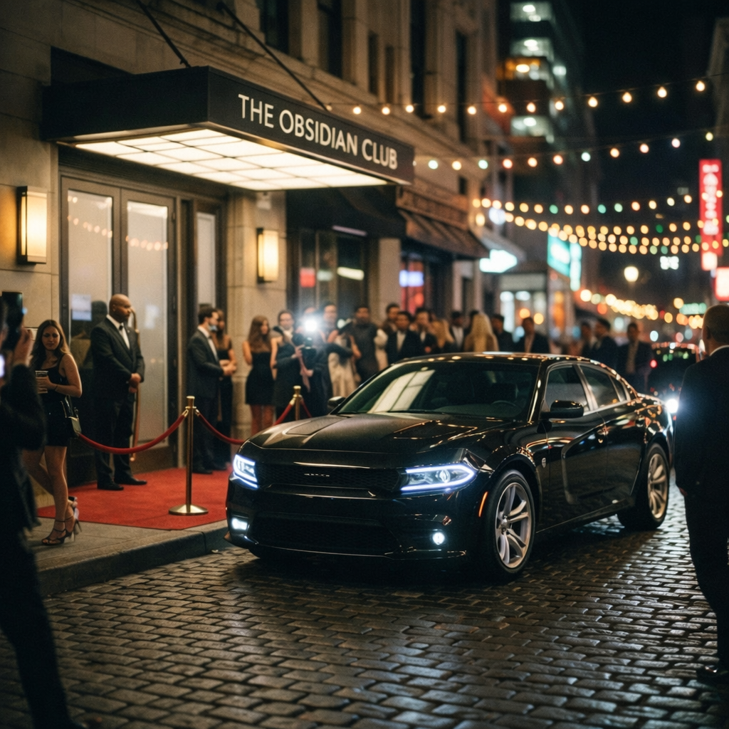 Czarny Dodge Charger przed klubem na evencie